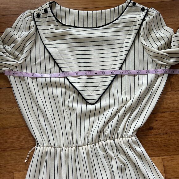 Vintage Cream Long-Sleeve Striped Dress With Black-Trimmed Collar - Picture 11 of 15